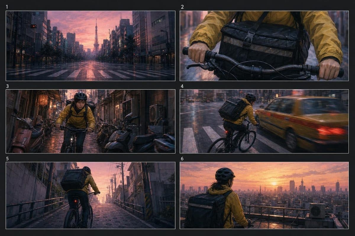 A six-panel storyboard of a courier cycling through Tokyo at dawn
