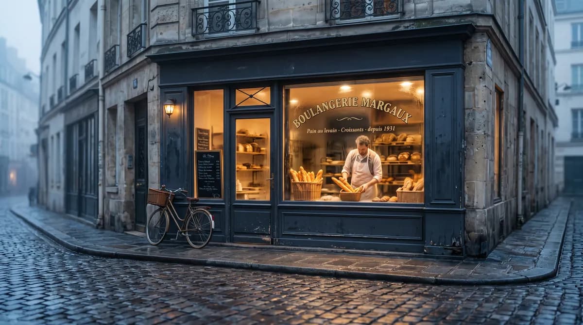 Input: the Paris bakery from the first hero image, its window lettered Boulangerie Margaux in French.