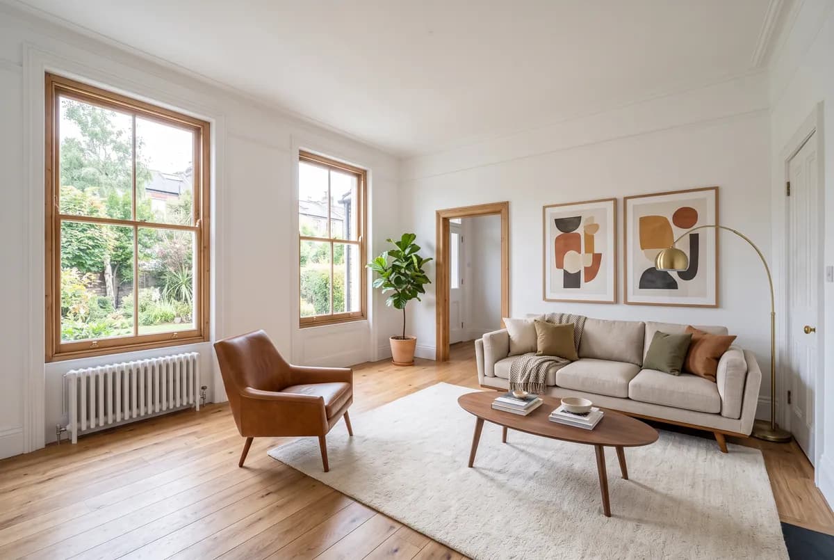 The edit: the same room furnished with a linen sofa, a walnut coffee table on a cream rug, a leather lounge chair, a brass arc lamp, a fig tree and two framed prints.