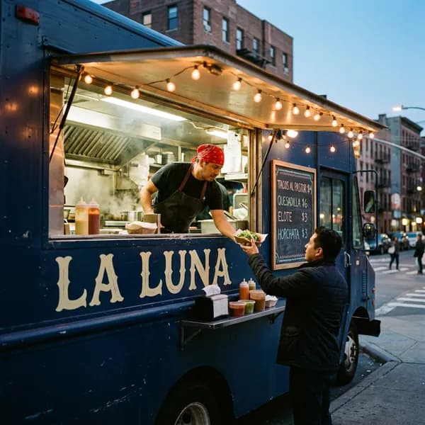 Nano Banana 2.1: the blue La Luna food truck at dusk with the four-item chalkboard menu, a cook handing tacos to a customer.
