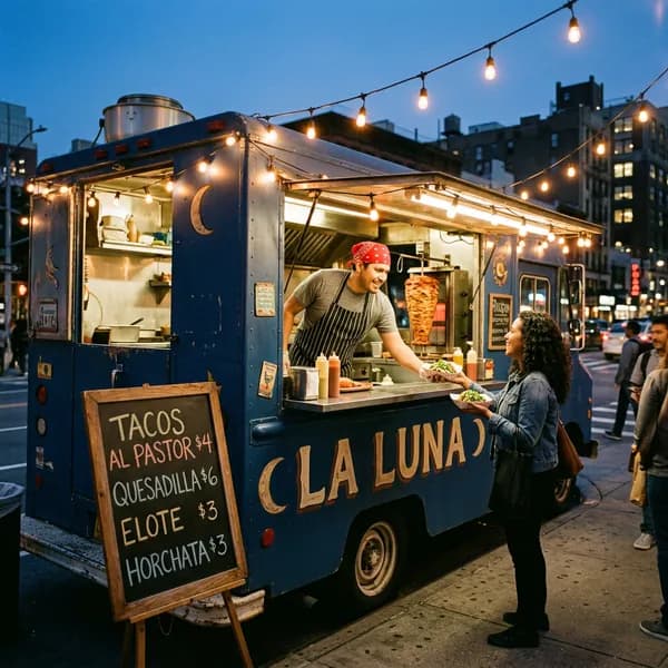Nano Banana 2: the La Luna truck with crescent moons on its side, the chalkboard menu on an easel and a customer taking tacos.