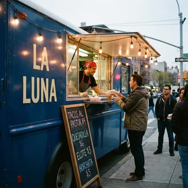 Nano Banana Pro: La Luna painted in tall letters, the chalkboard menu leaning on the truck and a queue of customers on the corner.