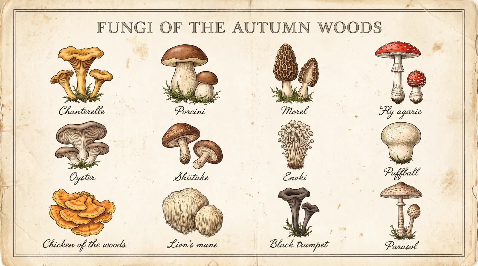 A vintage botanical plate titled Fungi of the autumn woods with twelve labelled mushrooms, from chanterelle and porcini to black trumpet and parasol.