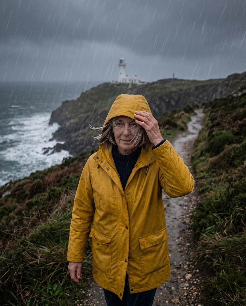 Ines walking a clifftop path in driving rain, holding the hood of her yellow oilskin, with the lighthouse small in the distance.