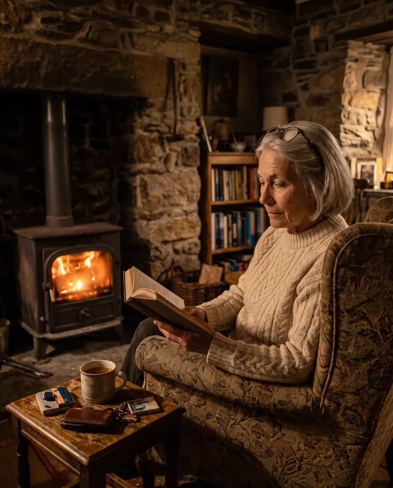 Ines at night in a stone cottage, now in a cream cable-knit sweater with reading glasses in her hair, reading beside a wood stove.