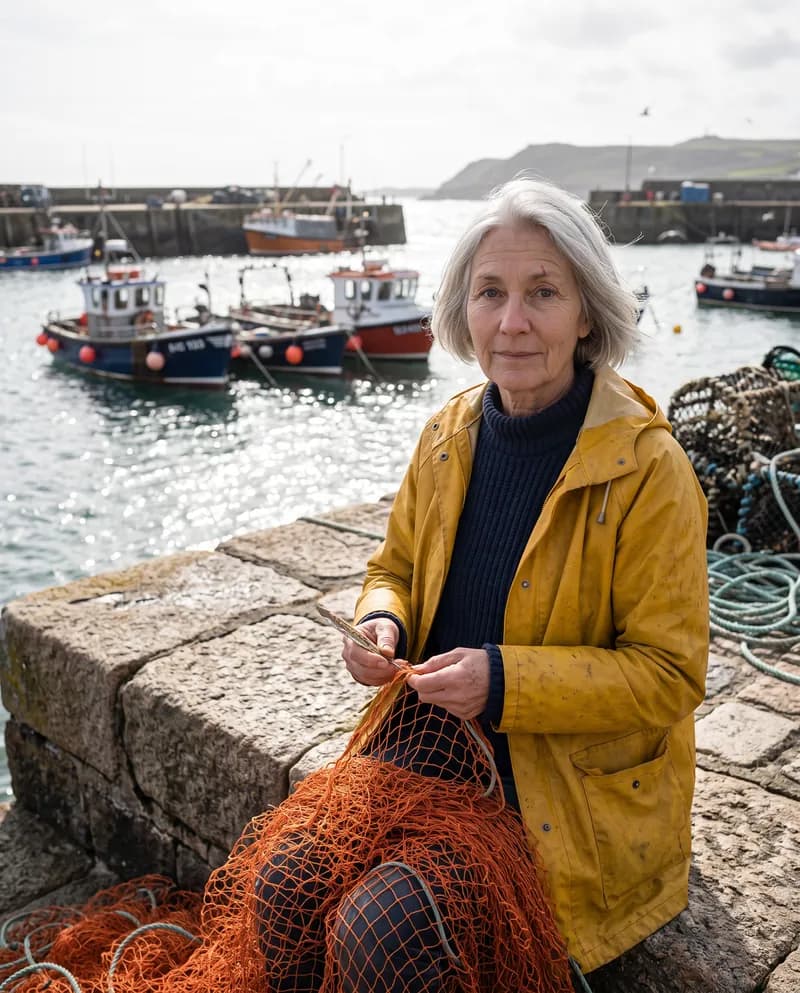 The same woman, Ines, on a harbour wall in her yellow oilskin, mending an orange fishing net with boats moored behind her.