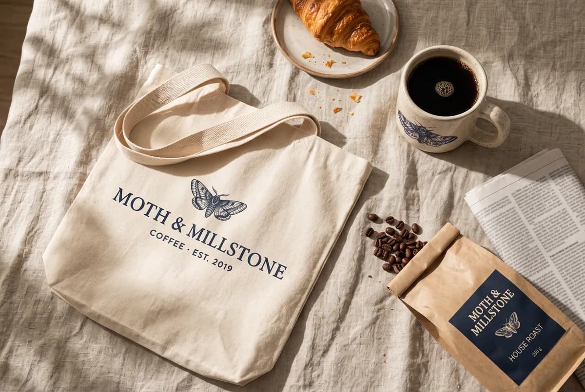 The combined shot: the moth mug full of coffee, the Moth & Millstone tote and the coffee bag with spilled beans on a sunlit linen tablecloth, beside a croissant and a newspaper.