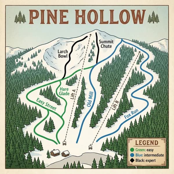 High thinking: the Pine Hollow map with all six runs and both lifts labelled once and the legend lines as written, under an added Legend heading.