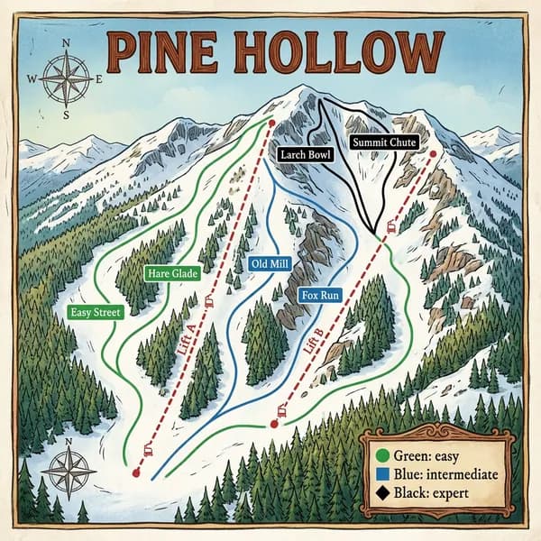 Medium thinking: the Pine Hollow map with all six runs, both lifts and the legend as written, plus two compass roses.