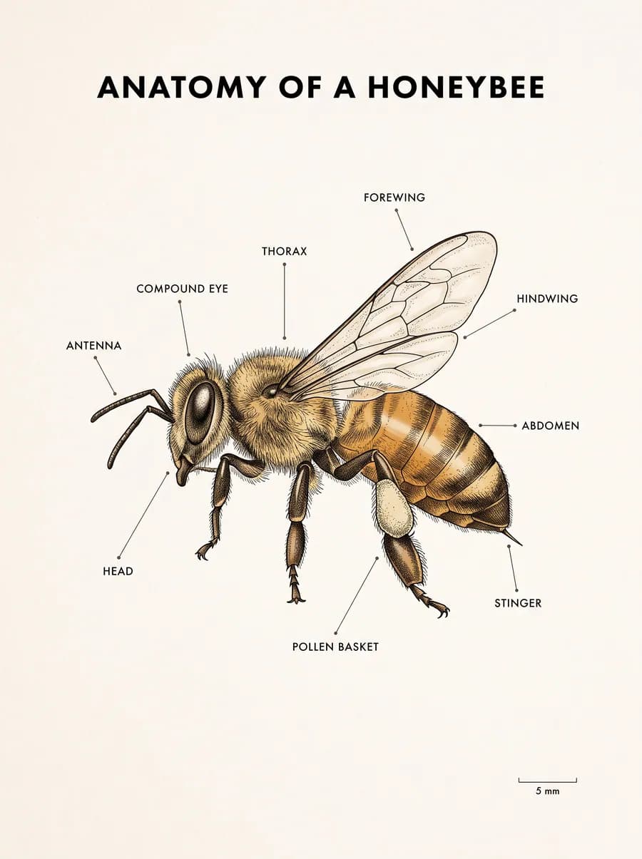 A textbook infographic titled Anatomy of a honeybee, with a side view of a worker bee and nine labels: antenna, compound eye, head, thorax, forewing, hindwing, abdomen, stinger and pollen basket.