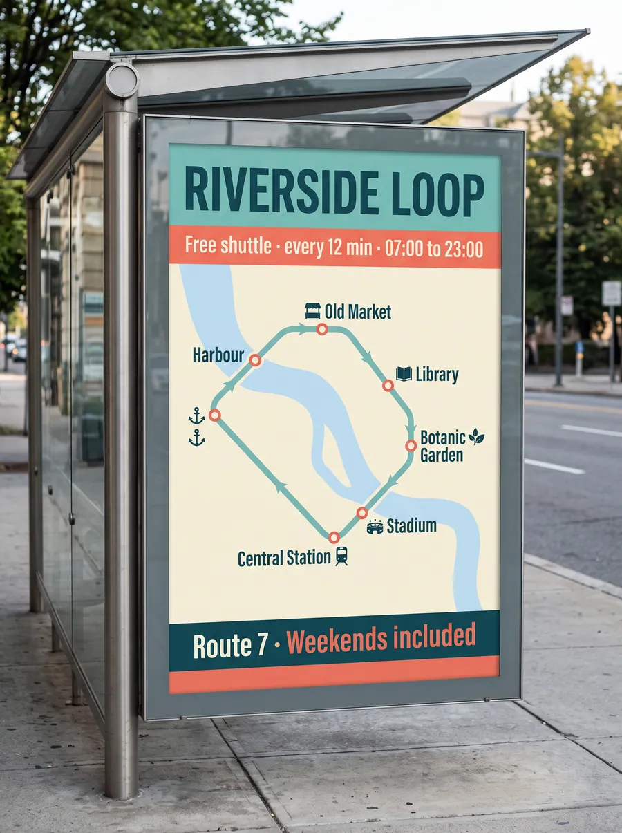 A bus-shelter poster for the Riverside Loop free shuttle, every 12 minutes from 07:00 to 23:00, with a loop route map naming six stops from Harbour to Central Station, plus one unnamed stop marker.