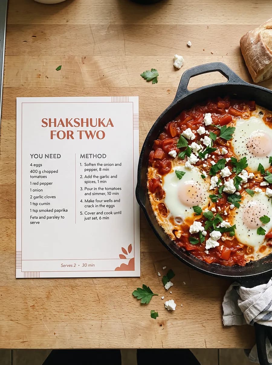 A recipe card titled Shakshuka for two beside a pan of shakshuka, listing eight ingredients and five numbered method steps, with the footer Serves 2, 30 min.