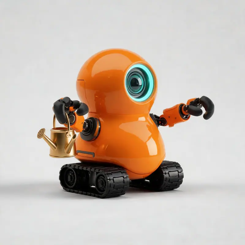 Reference image: a small orange gardening robot with one cyan camera eye, rubber grippers, treads and a brass watering can.