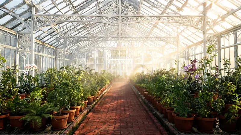 Reference image: the inside of a Victorian glass greenhouse in morning light, with a brick path between rows of potted plants.