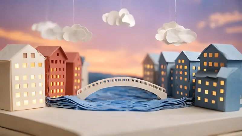 Input still: a paper-craft miniature city at dusk with lit windows, a paper bridge over a folded paper river and paper clouds on threads.